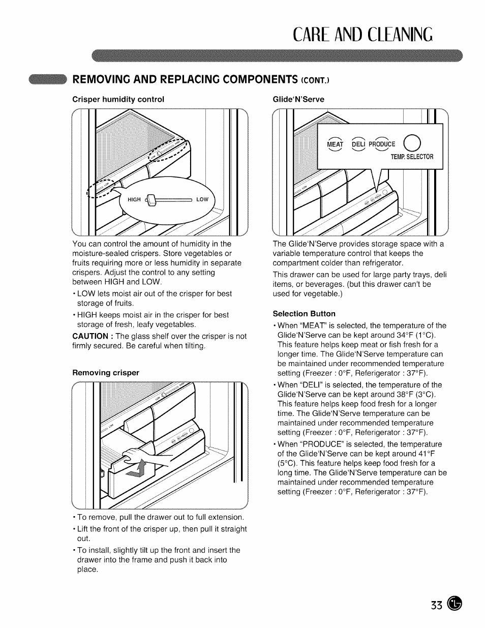 Removing and replacing components (cont.), Care and cleaning, Removing and replacing components | LG LMX28G83 User Manual | Page 33 / 46