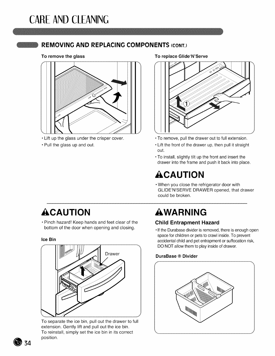 Removing and replacing components (cont.), Child entrapment hazard, Care and cleaning | Acaution, Awarning | LG LMX28G83 User Manual | Page 34 / 46