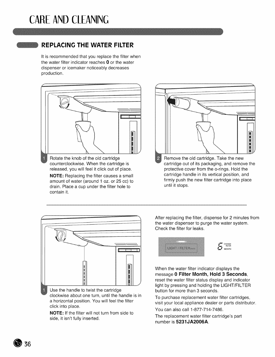 Replacing the water filter, Care and cleaning | LG LMX28G83 User Manual | Page 36 / 46