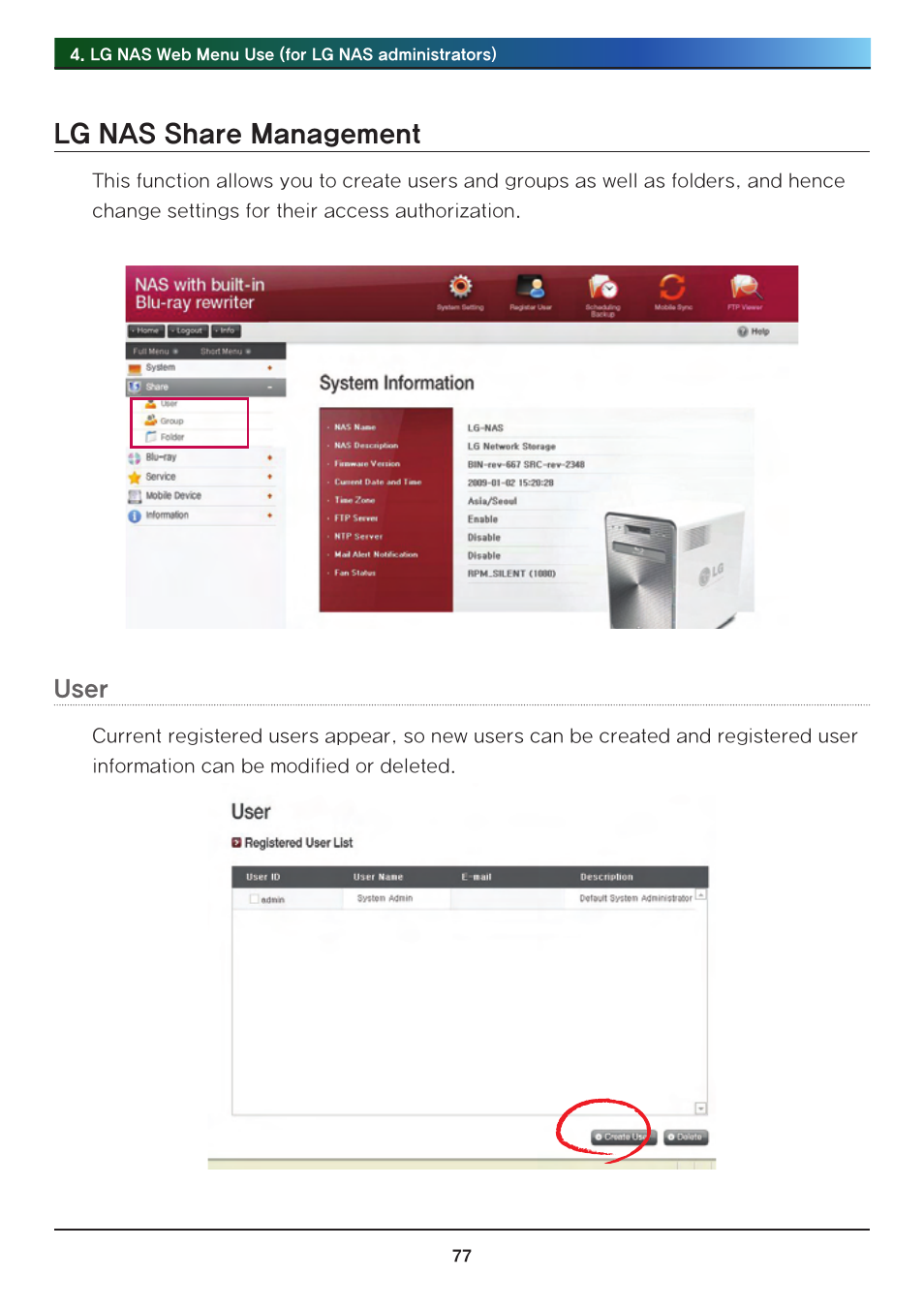 Lg nas share management, User | LG Network Attached Storage with built-in Blu-ray Rewriter N4B1 User Manual | Page 77 / 157
