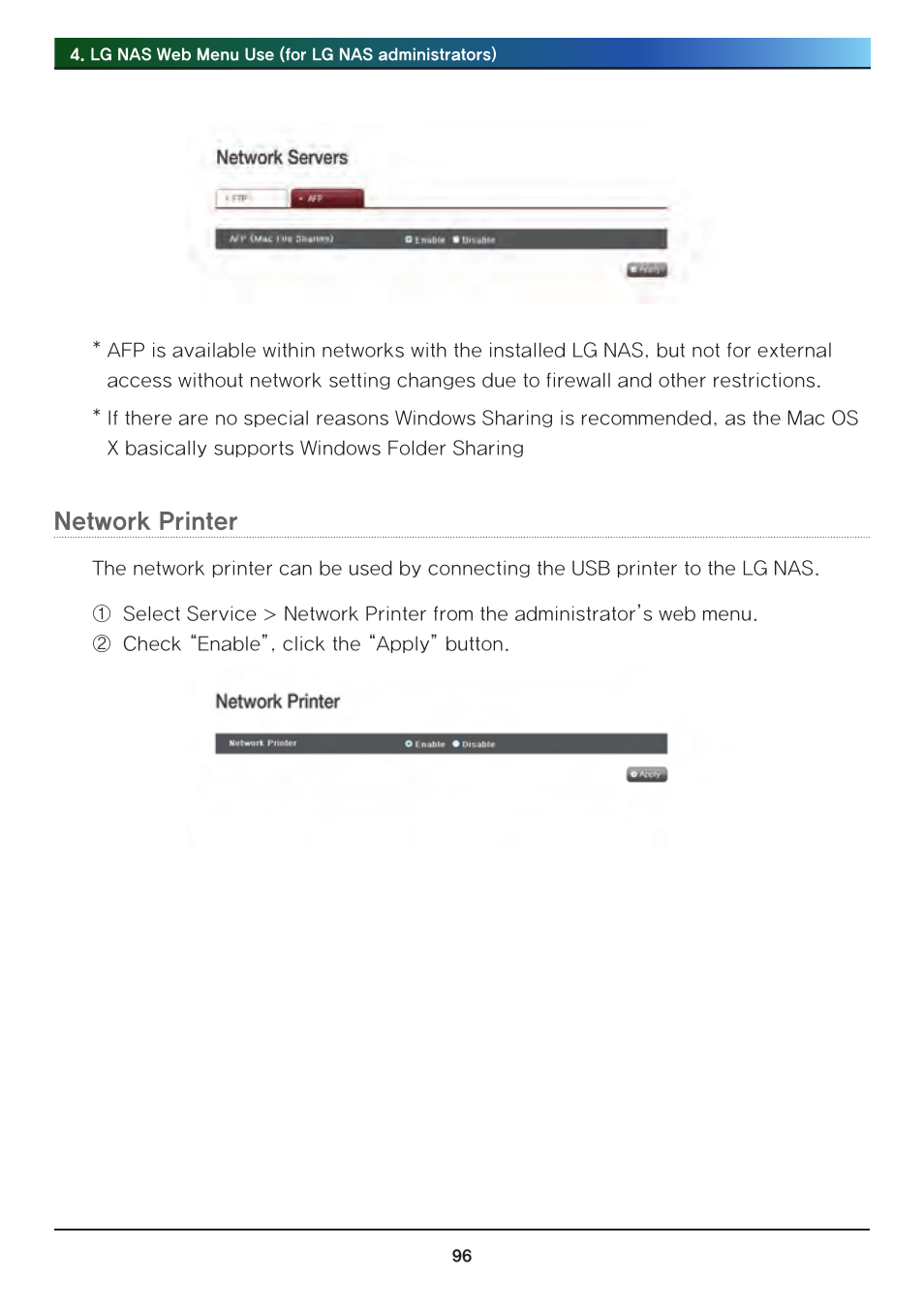 Network printer | LG Network Attached Storage with built-in Blu-ray Rewriter N4B1 User Manual | Page 96 / 157