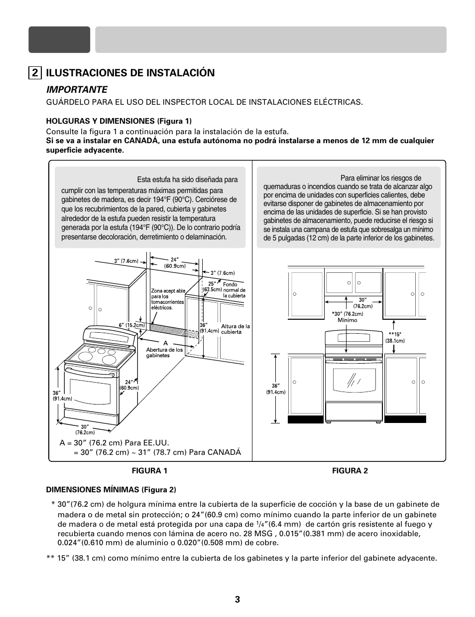 Sección 2 preparativos para instalar la estufa, Ilustraciones de instalación | LG LRE30755S User Manual | Page 11 / 16