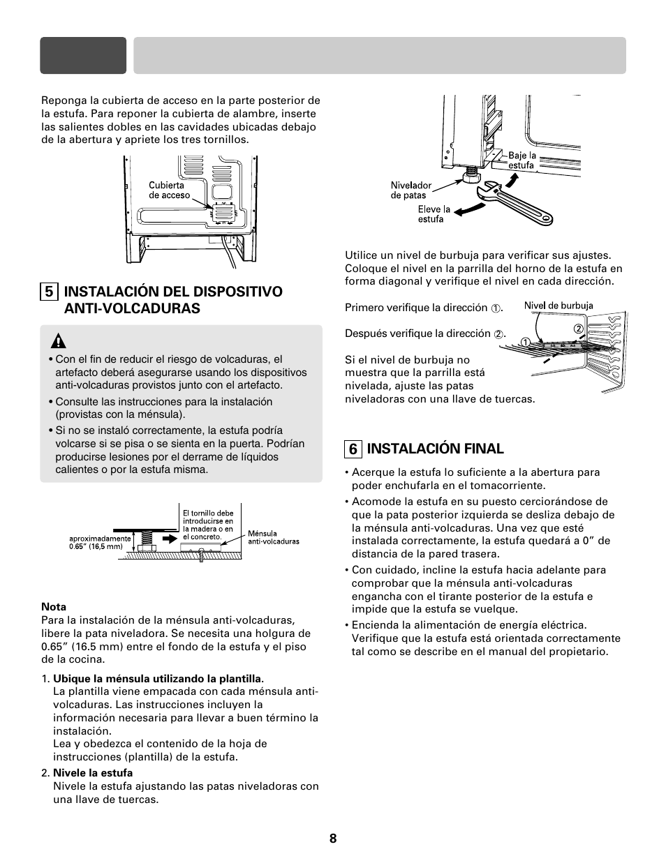 Sección 4 cómo instalar la estufa, Advertencia, Instalación del dispositivo anti-volcaduras | Instalación final | LG LRE30755S User Manual | Page 16 / 16