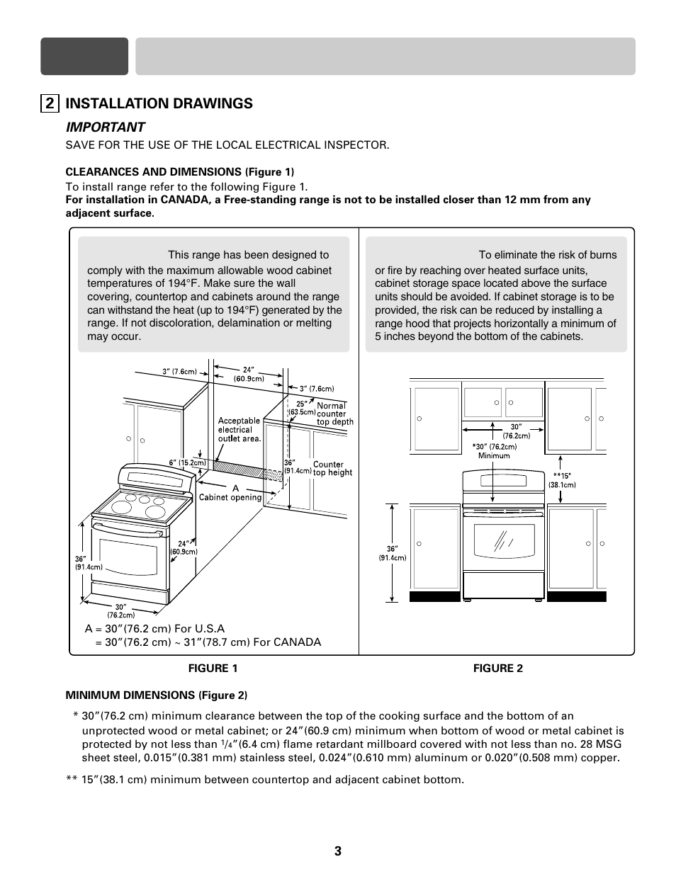 Part 2 prepare to install the range, Installation drawings | LG LRE30755S User Manual | Page 3 / 16