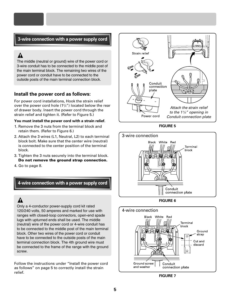 Part 3 electrical connections, Warning, Install the power cord as follows | Wire connection | LG LRE30755S User Manual | Page 5 / 16