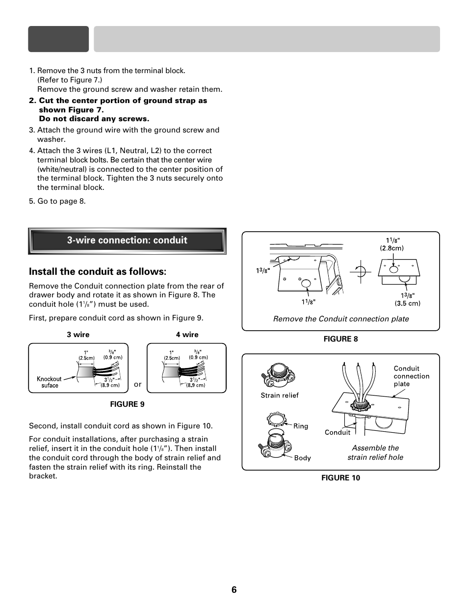 Part 3 electrical connections, Install the conduit as follows, Wire connection: conduit | LG LRE30755S User Manual | Page 6 / 16