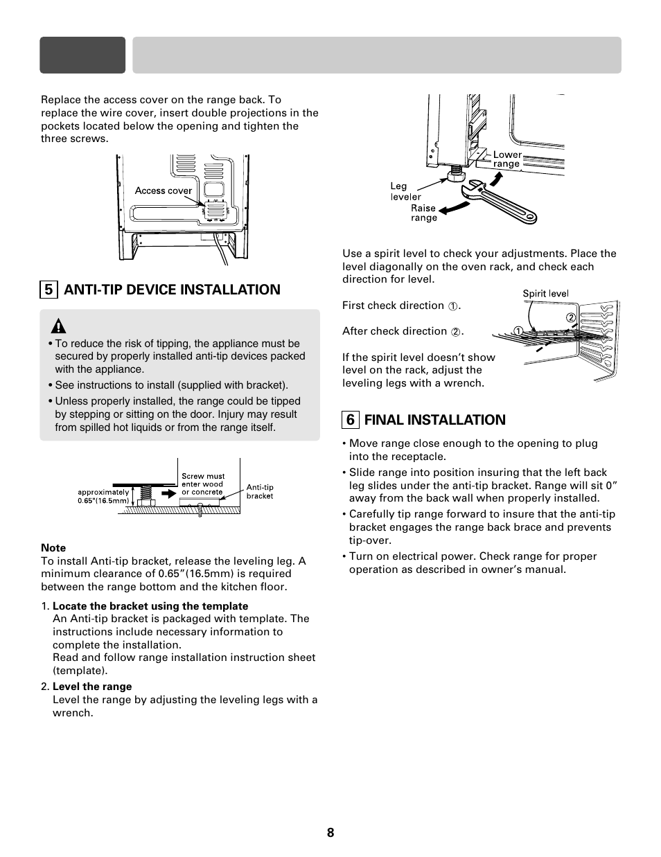 Part 4 install the range, Warning, Anti-tip device installation | Final installation | LG LRE30755S User Manual | Page 8 / 16