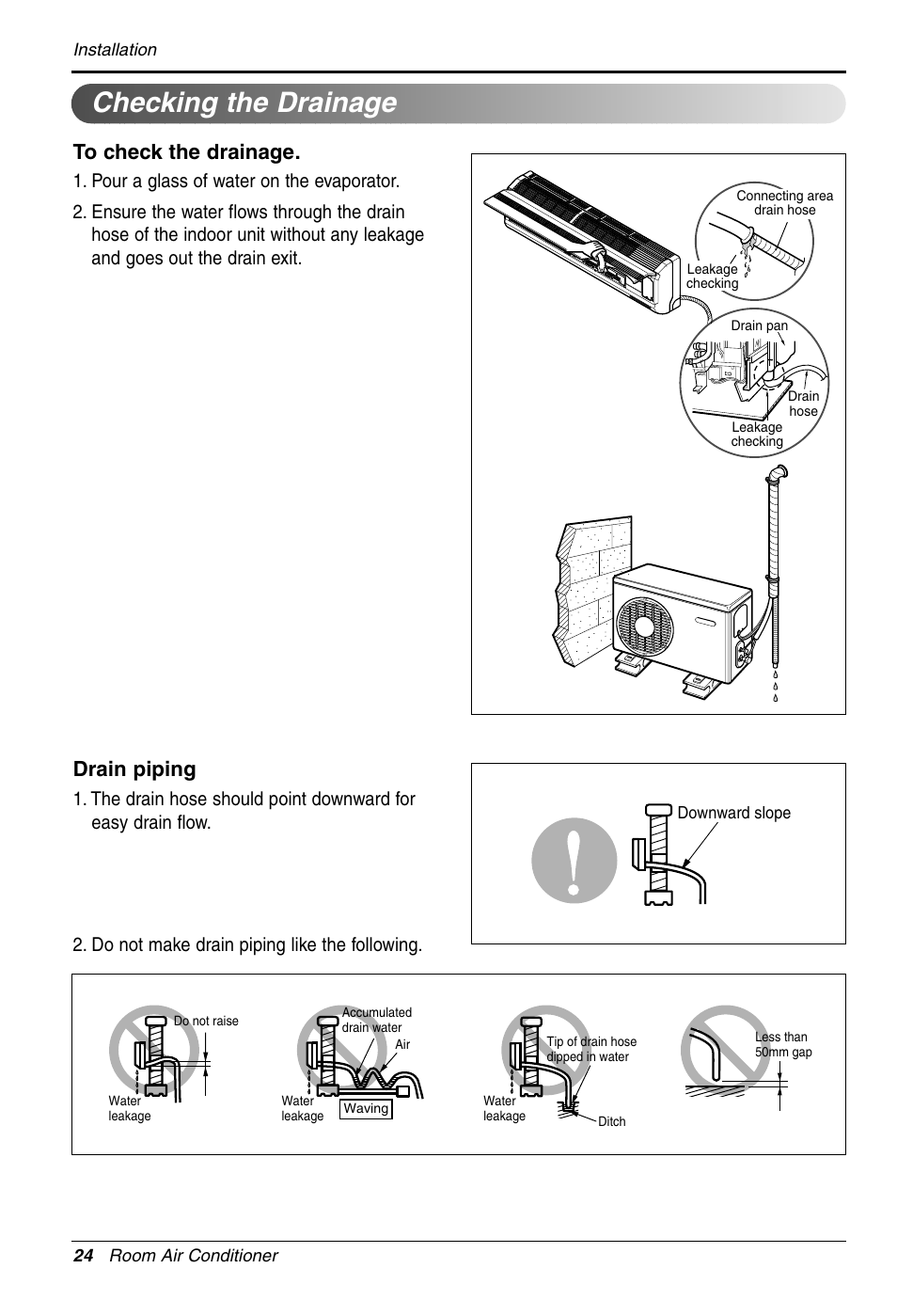 Checking the drainage, Drain piping | LG LS305HV User Manual | Page 24 / 31