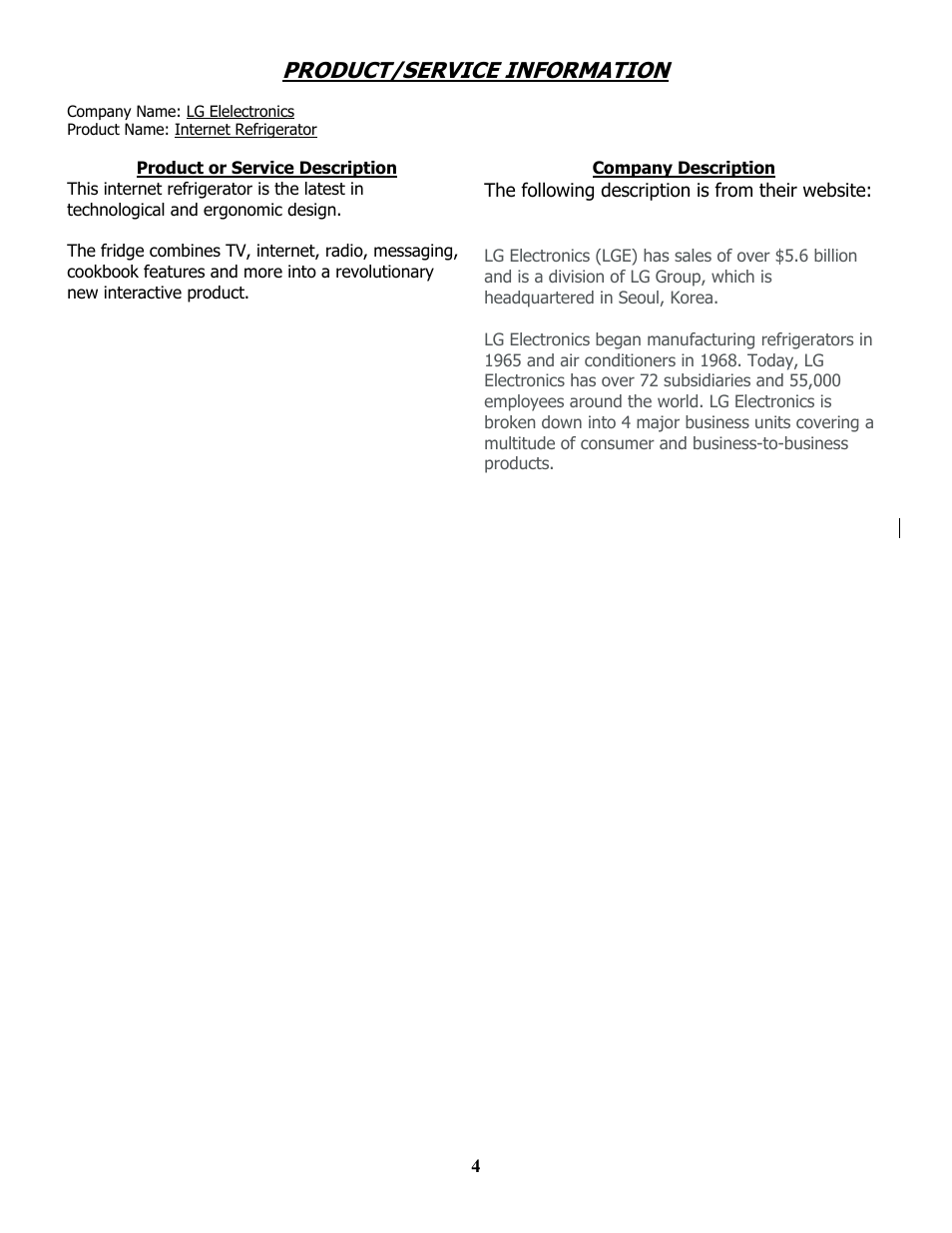 Product/service information, Product or service description, Company description | Roduct or, Ervice, Escription, Ompany | LG MBA 9120 User Manual | Page 4 / 21