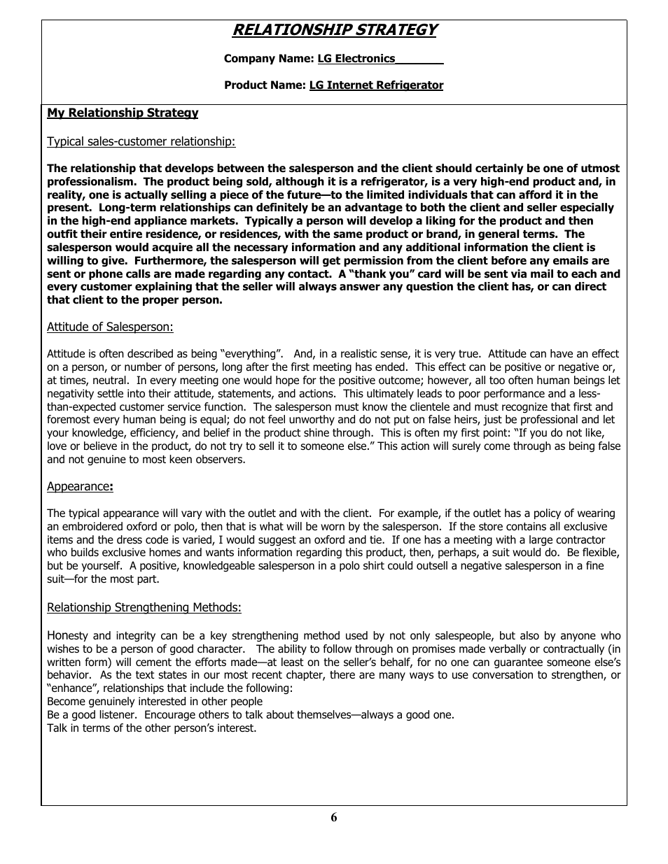 Relationship strategy, My relationship strategy, Typical sales-customer relationship | Attitude of salesperson, Appearance, Relationship strengthening methods, Elationship, Trategy | LG MBA 9120 User Manual | Page 6 / 21