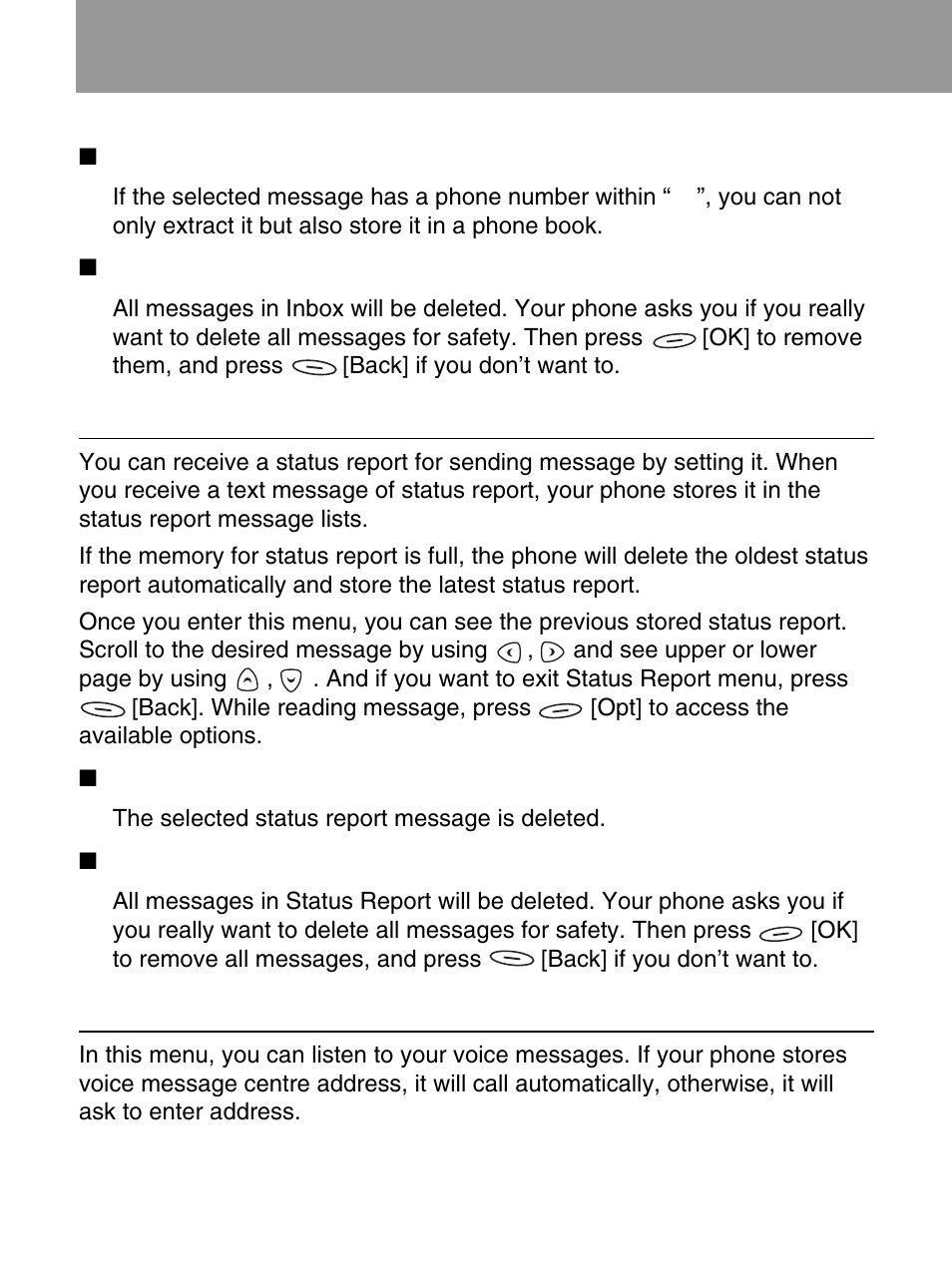 Messages [menu 1, Status report [menu 1-4, Call voicemail [menu 1-5 | LG 600 User Manual | Page 46 / 86