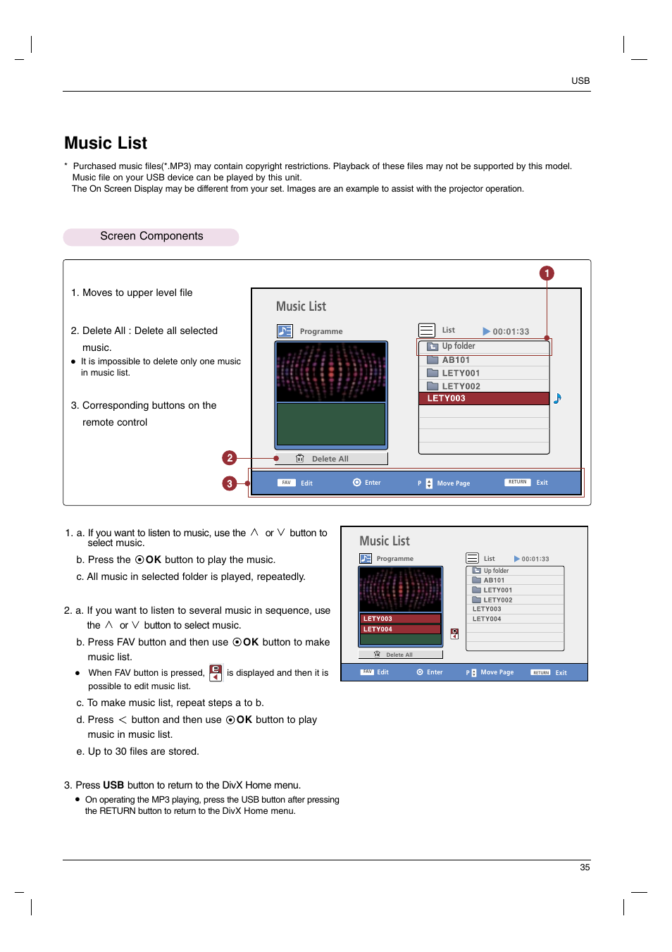 Music list, Screen components | LG HS102G User Manual | Page 35 / 42