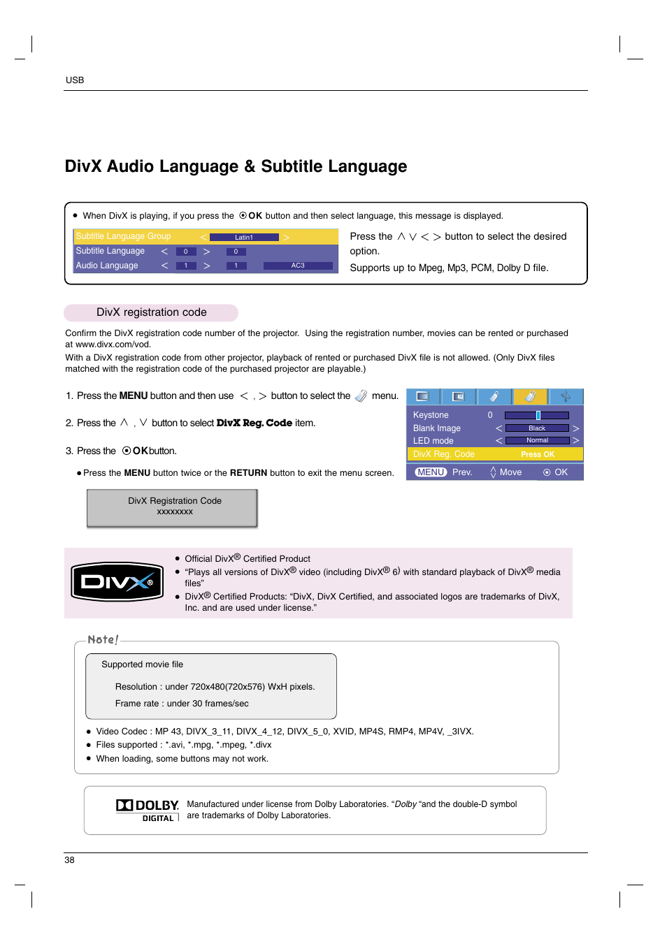 Divx audio language & subtitle language, Divx registration code | LG HS102G User Manual | Page 38 / 42