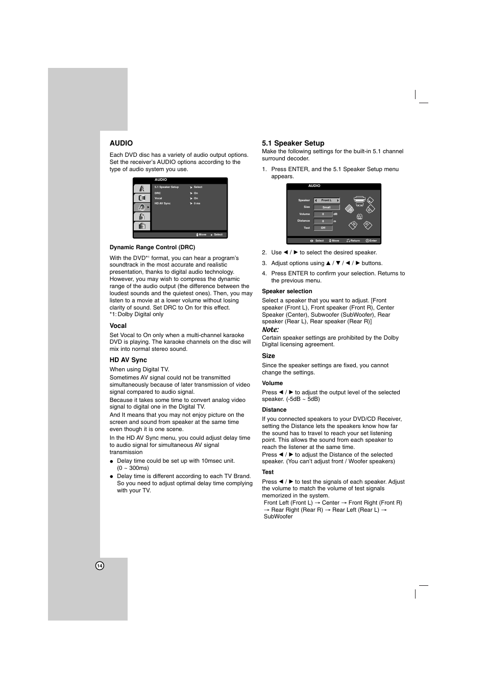 Audio, 1 speaker setup, Vocal | Hd av sync, Size | LG LHT734 User Manual | Page 14 / 30