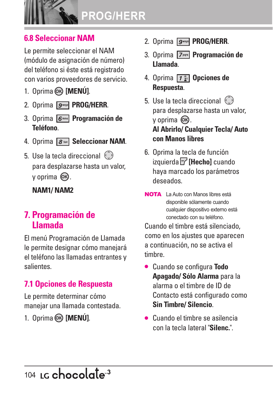 8 seleccionar nam, Programación de llamada, 1 opciones de respuesta | Prog/herr | LG Chocolate 3 User Manual | Page 241 / 288