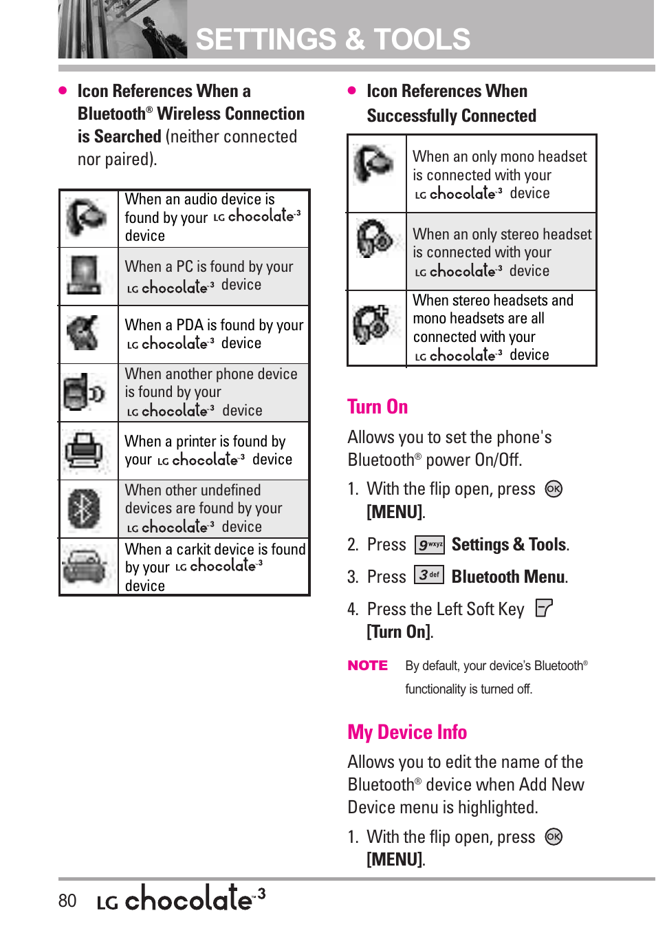 Turn on, My device info, Settings & tools | LG Chocolate 3 User Manual | Page 82 / 288