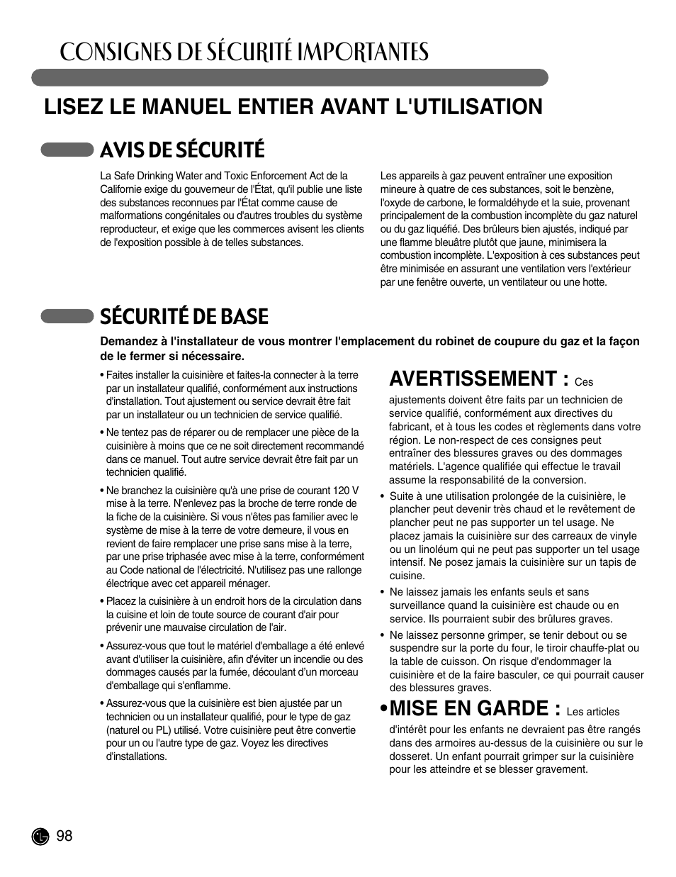 Consignes de sécurité importantes, Lisez le manuel entier avant l'utilisation, Avis de sécurité | Sécurité de base, Avertissement, Mise en garde | LG LRG30855ST User Manual | Page 98 / 142