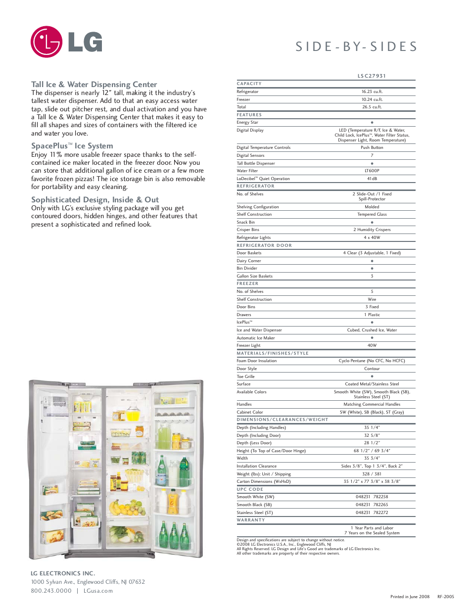 Tall ice & water dispensing center, Spaceplus, Ice system | Sophisticated design, inside & out | LG LSC27931SW User Manual | Page 2 / 2