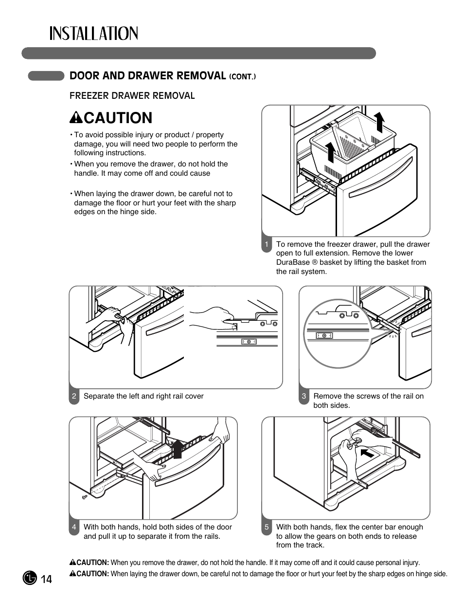 Wcaution, 14 door and drawer removal | LG LFX21971 User Manual | Page 14 / 43