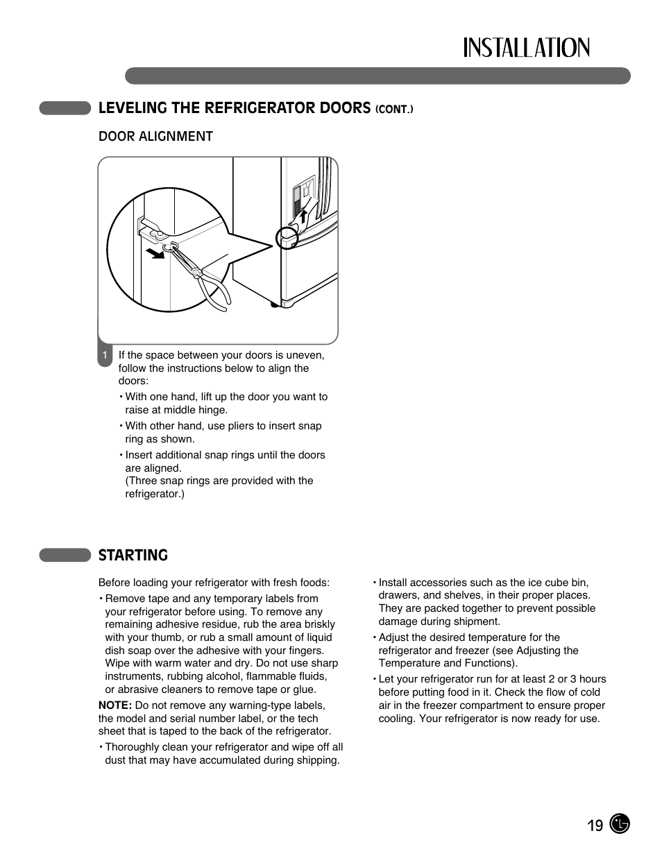 19 leveling the refrigerator doors, Starting | LG LFX21971 User Manual | Page 19 / 43