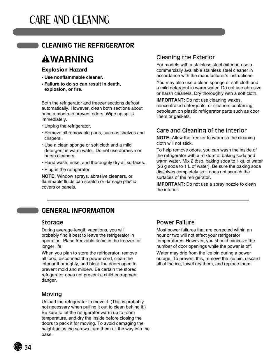 Wwarning, 34 cleaning the refrigerator, General information | LG LFX21971 User Manual | Page 34 / 43