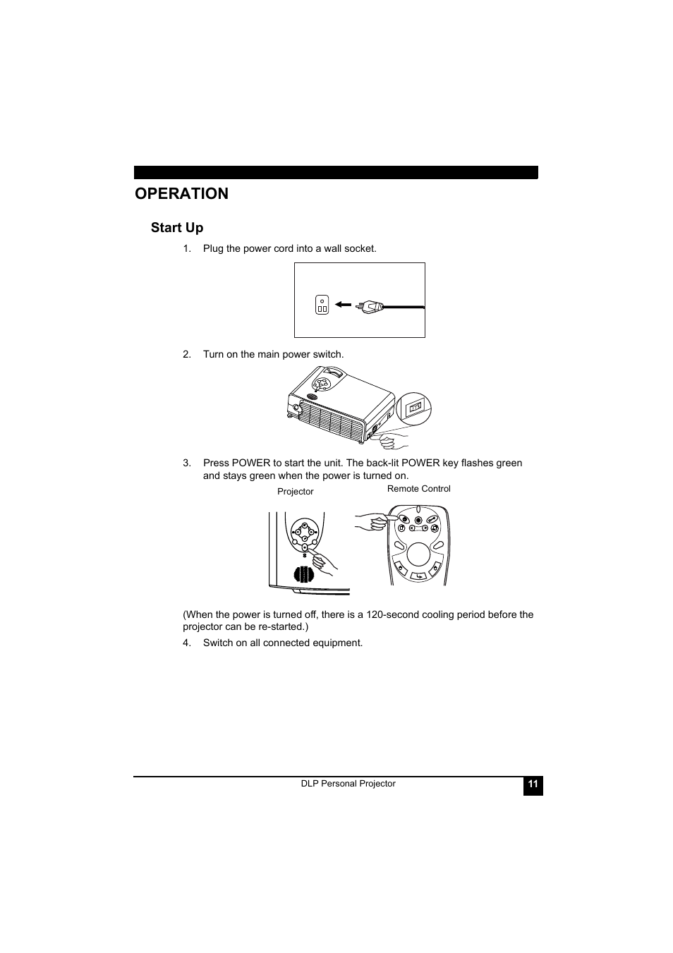 Operation, Plug the power cord into a wall socket, Turn on the main power switch | Switch on all connected equipment, Start up | LG RD-JT41 800X600 SVGA User Manual | Page 15 / 30