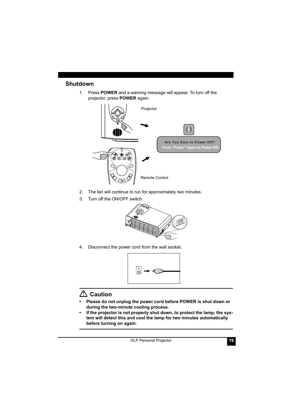 Turn off the on/off switch, Disconnect the power cord from the wall socket, Shutdown | Caution | LG RD-JT41 800X600 SVGA User Manual | Page 23 / 30