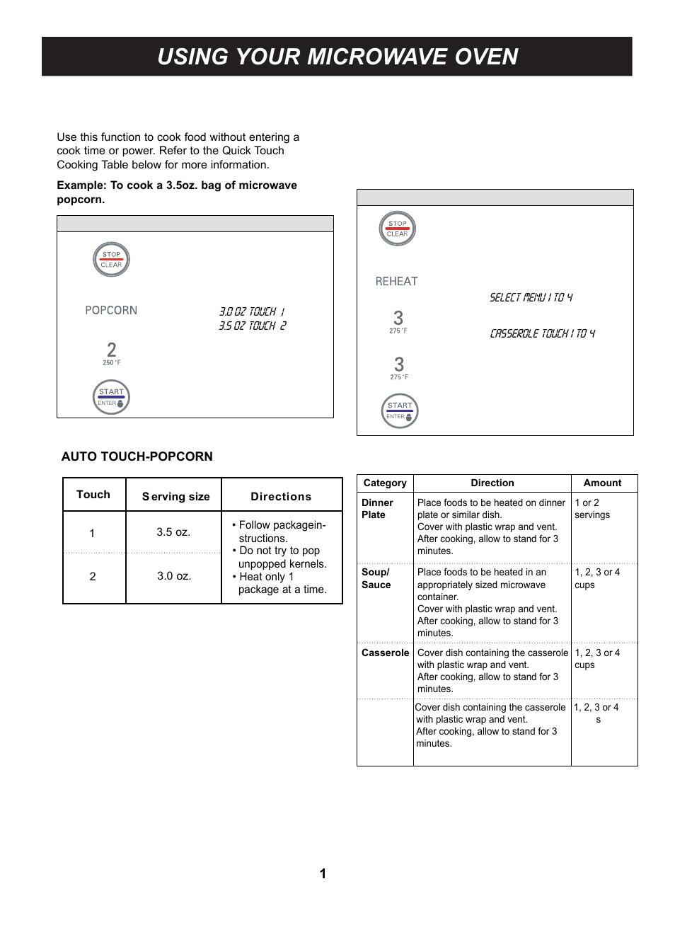 Using your microwave oven, Auto touch-popcorn, Auto touch-reheat | LG LMB0960ST User Manual | Page 14 / 29