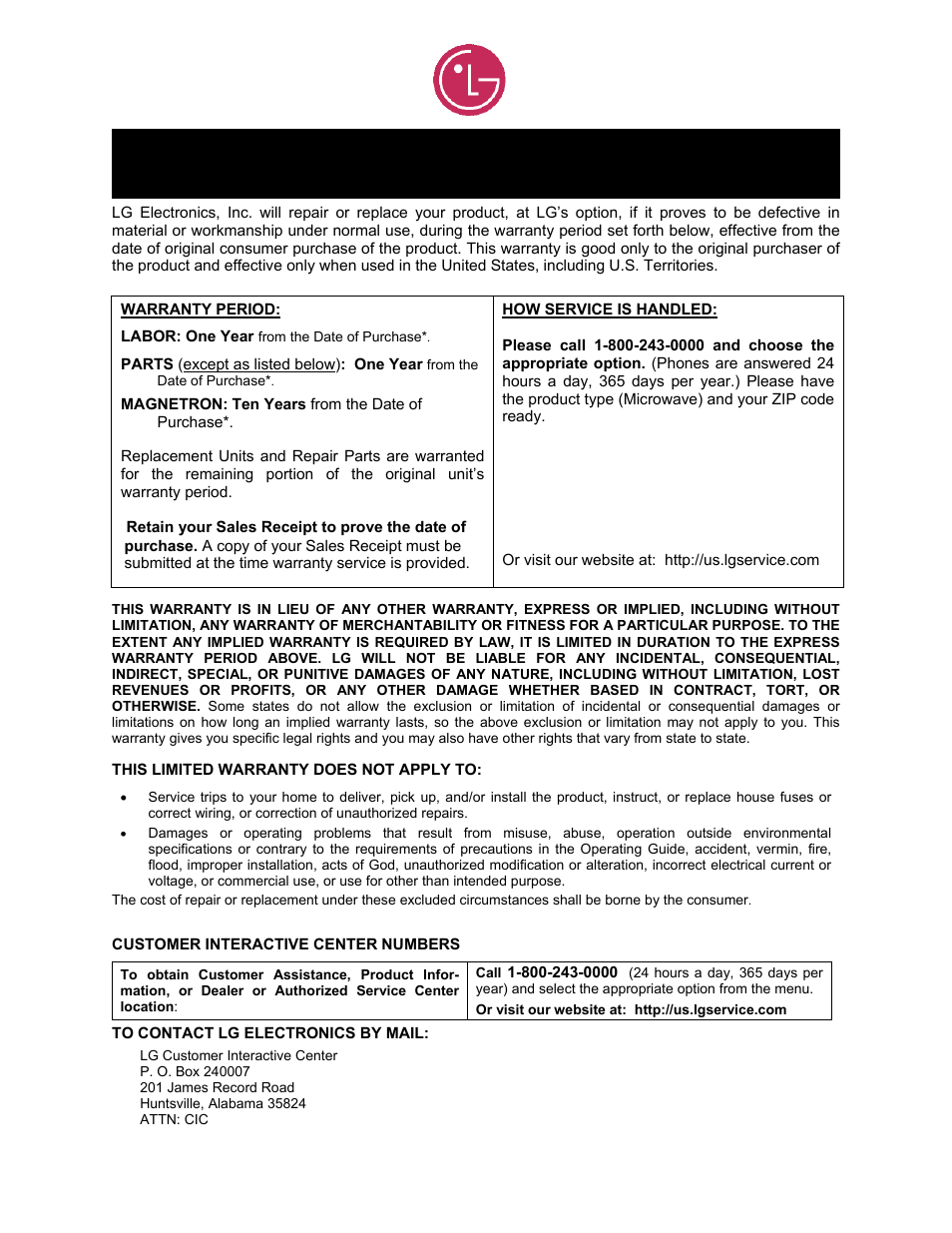 Lg microwave oven limited warranty — usa, Model l mb0960st | LG LMB0960ST User Manual | Page 28 / 29