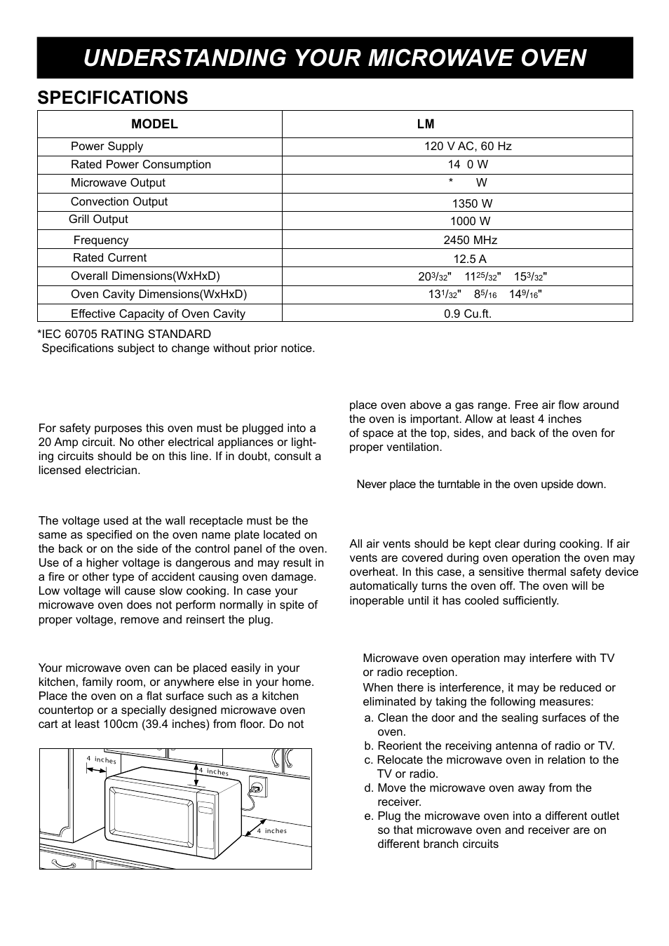 Understanding your microwave oven, Installation, Specifications | A. circuits, B. voltage warning, C. placement of the oven, D. do not block the air vents, E. radio interference | LG LMB0960ST User Manual | Page 6 / 29