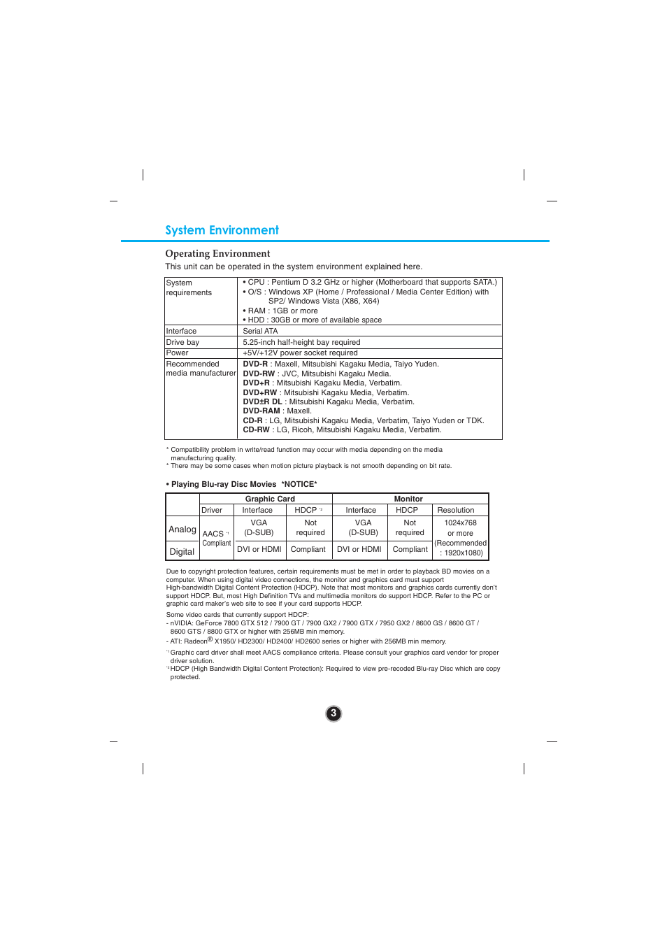 System environment, 3operating environment | LG BLU-RAY DISC DRIVE GBC-H20L User Manual | Page 6 / 15