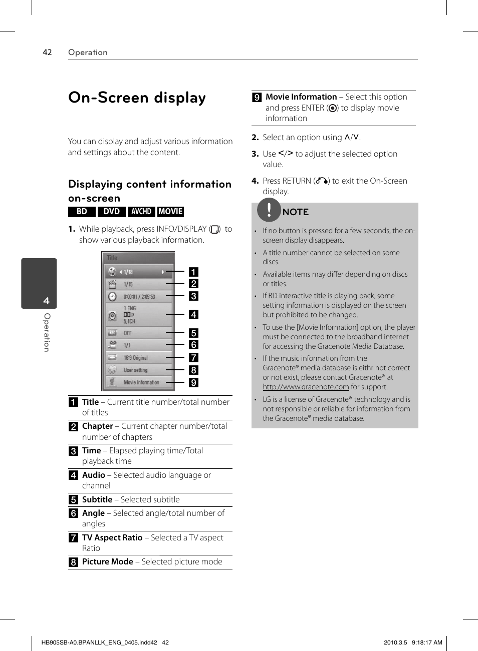 On-screen display, Displaying content information on-screen | LG HB905SB User Manual | Page 42 / 88