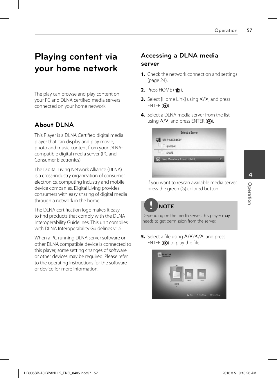 Playing content via your home network, About dlna, Accessing a dlna media server | LG HB905SB User Manual | Page 57 / 88