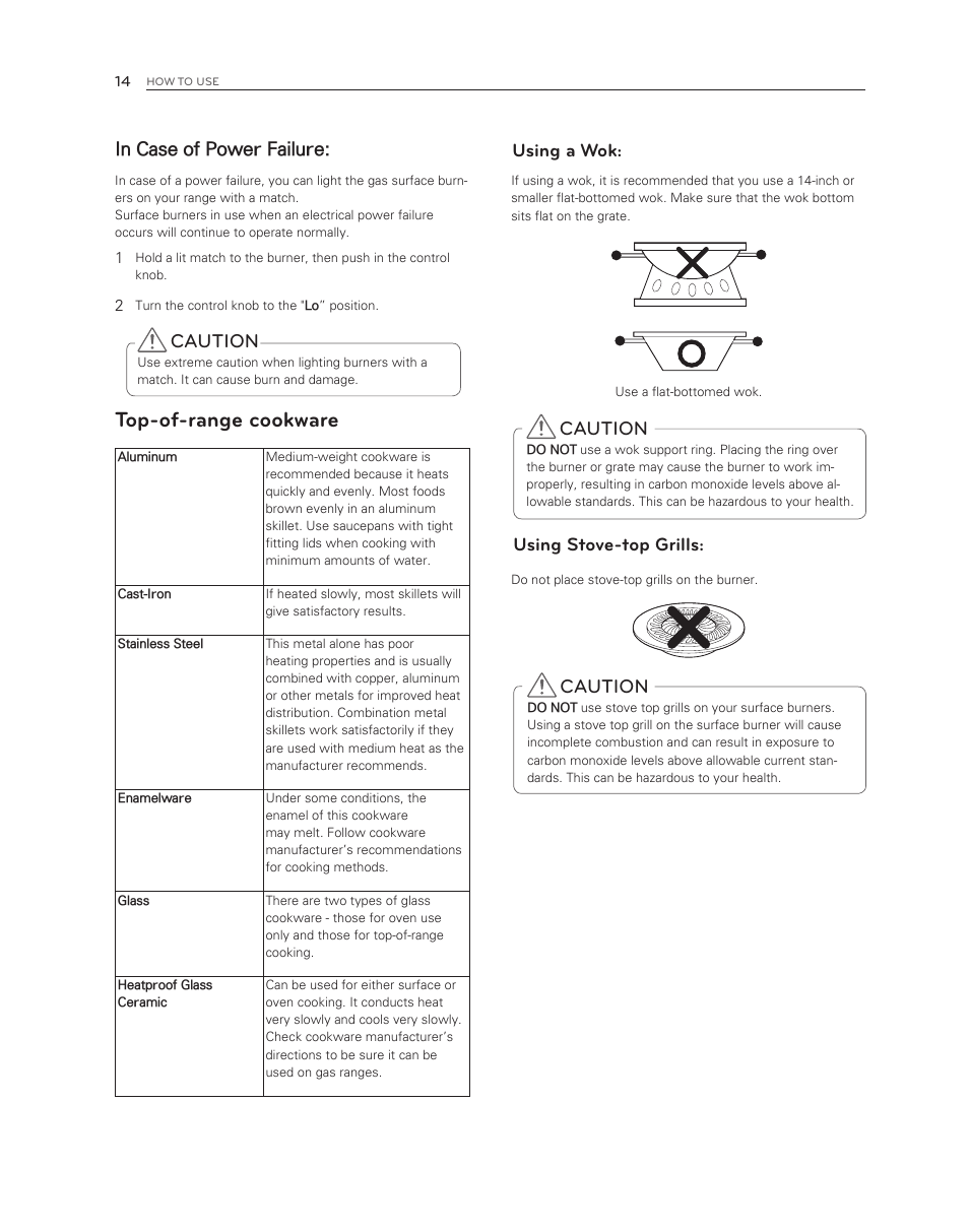 Top-of-range cookware, Caution, Using a wok: using stove-top grills | LG LDG3017ST User Manual | Page 14 / 47