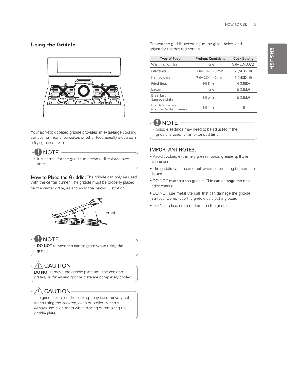 Caution, Using the griddle, English | LG LDG3017ST User Manual | Page 15 / 47
