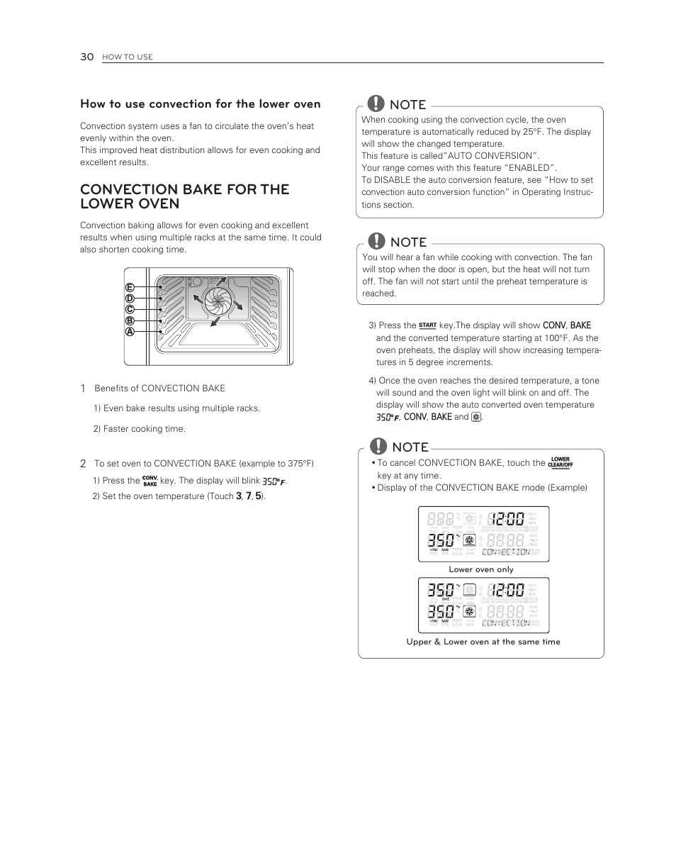 Convection bake for the lower oven, How to use convection for the lower oven | LG LDG3017ST User Manual | Page 30 / 47