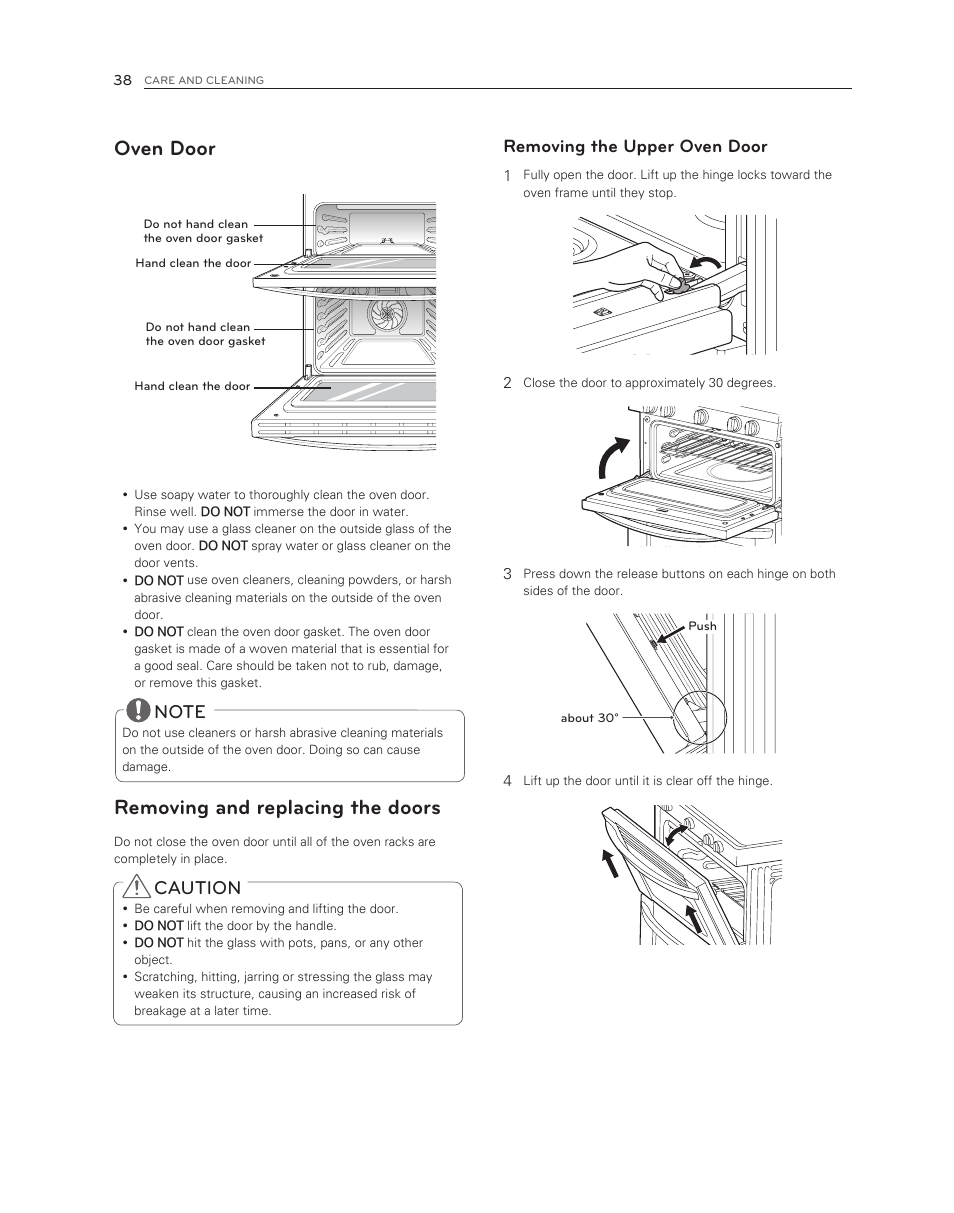 Oven door, Removing and replacing the doors, Caution | Removing the upper oven door | LG LDG3017ST User Manual | Page 38 / 47