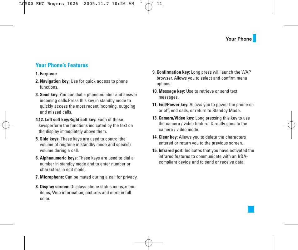 Your phone’s features | LG 500 User Manual | Page 11 / 85