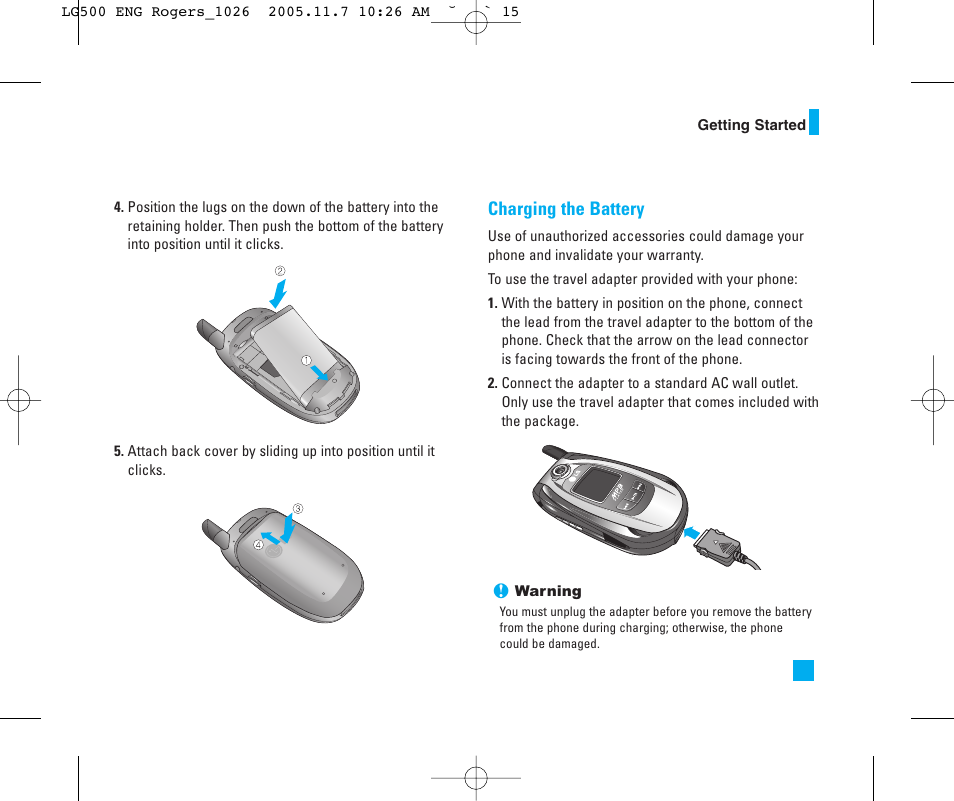 Charging the battery | LG 500 User Manual | Page 15 / 85