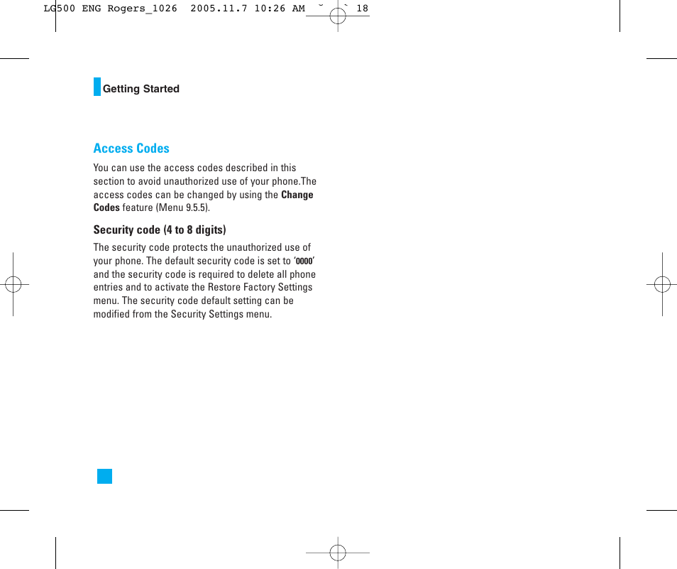 Access codes | LG 500 User Manual | Page 18 / 85