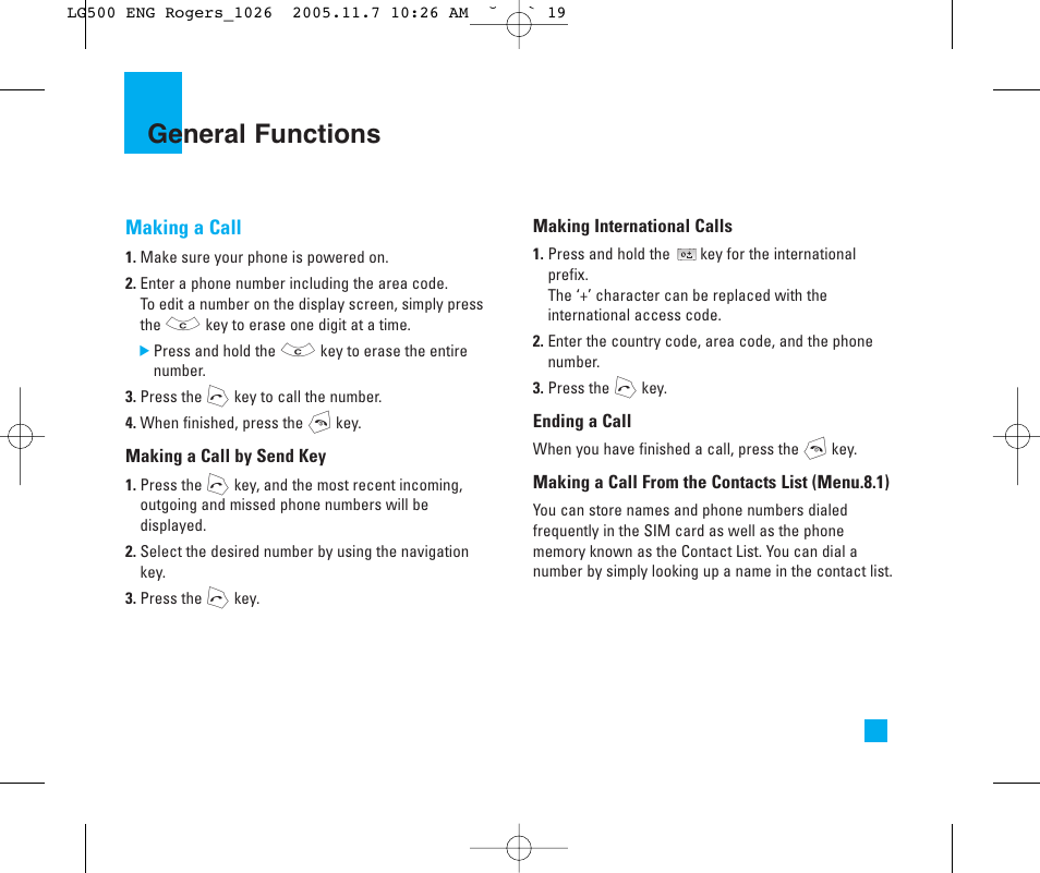 General functions | LG 500 User Manual | Page 19 / 85