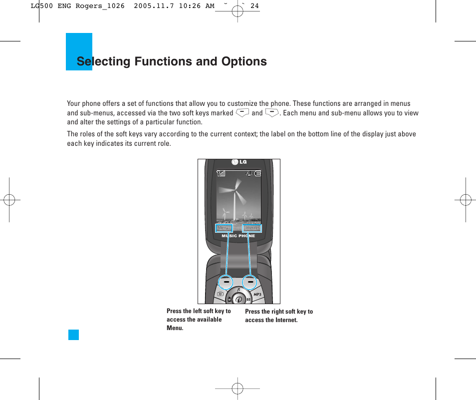 Selecting functions and options | LG 500 User Manual | Page 24 / 85