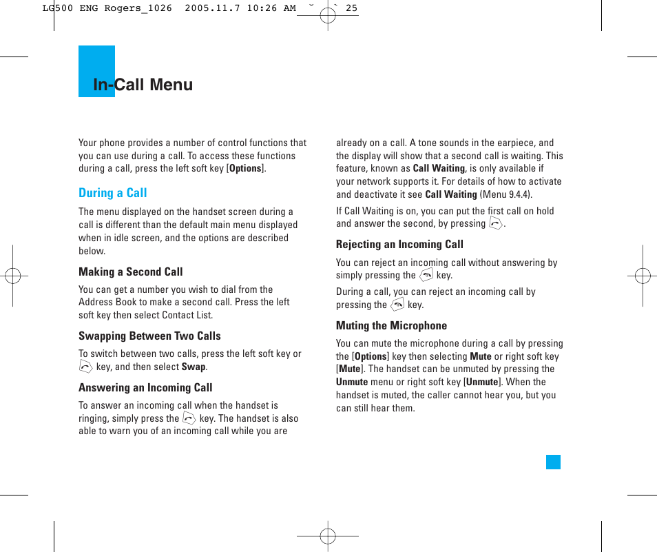 In-call menu | LG 500 User Manual | Page 25 / 85
