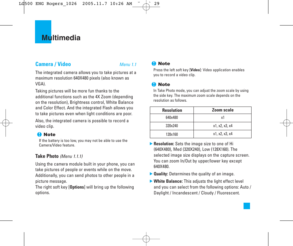 Multimedia, Camera / video | LG 500 User Manual | Page 29 / 85