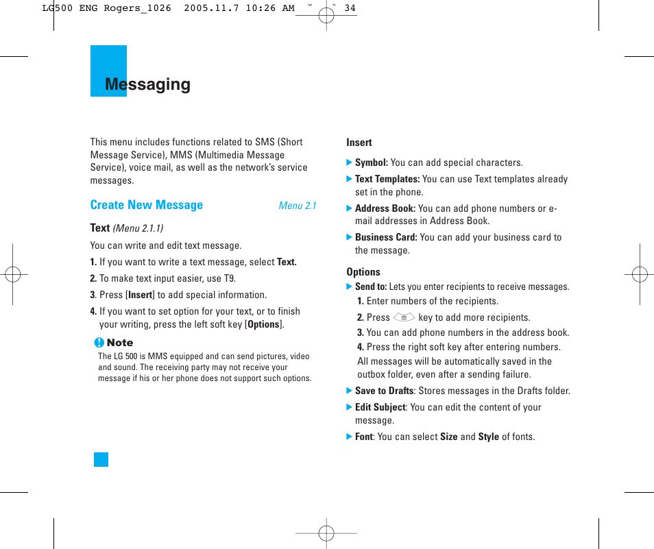 Messaging, Create new message | LG 500 User Manual | Page 34 / 85