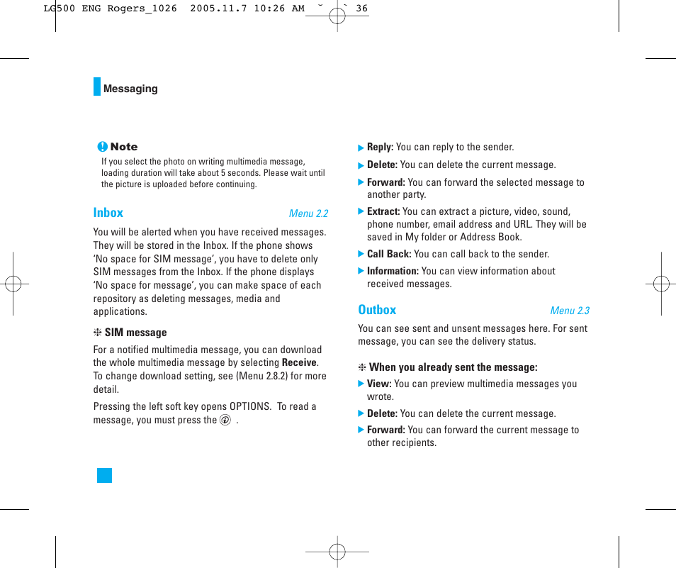 Outbox, Inbox | LG 500 User Manual | Page 36 / 85