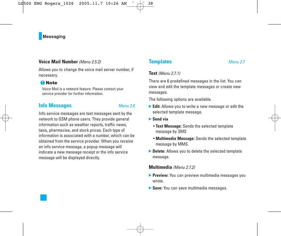 Info messages, Templates | LG 500 User Manual | Page 38 / 85