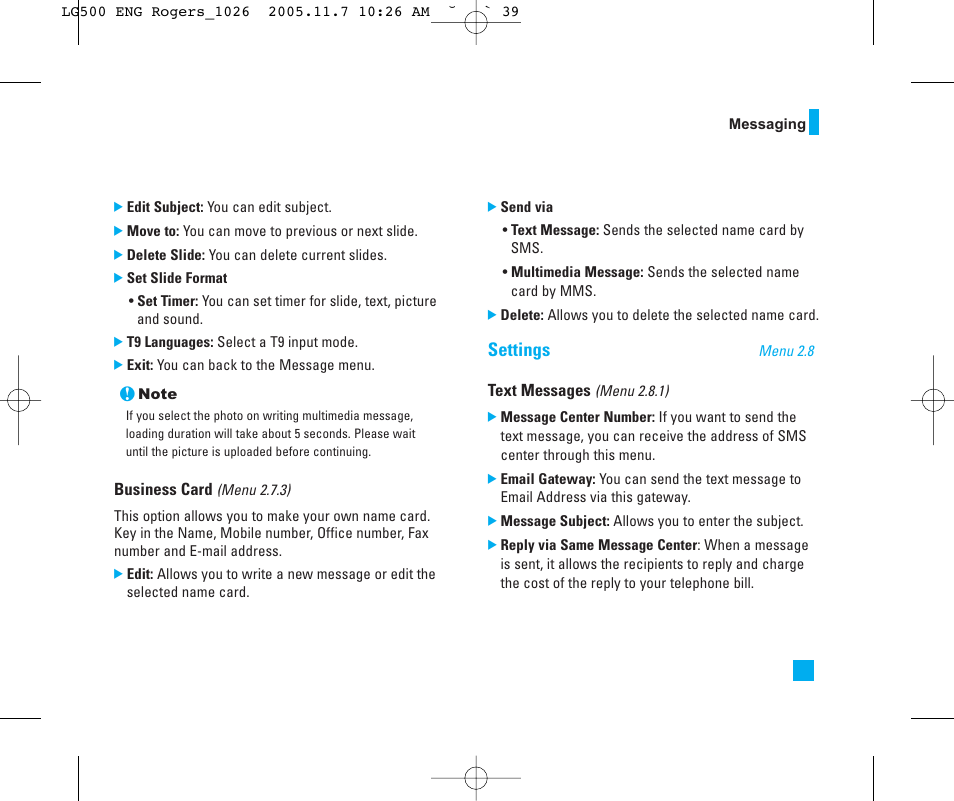 Settings | LG 500 User Manual | Page 39 / 85
