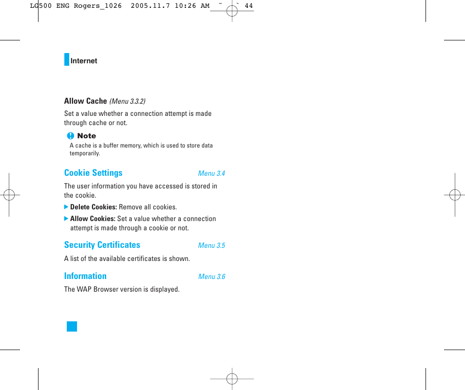 Cookie settings, Security certificates, Information | LG 500 User Manual | Page 44 / 85