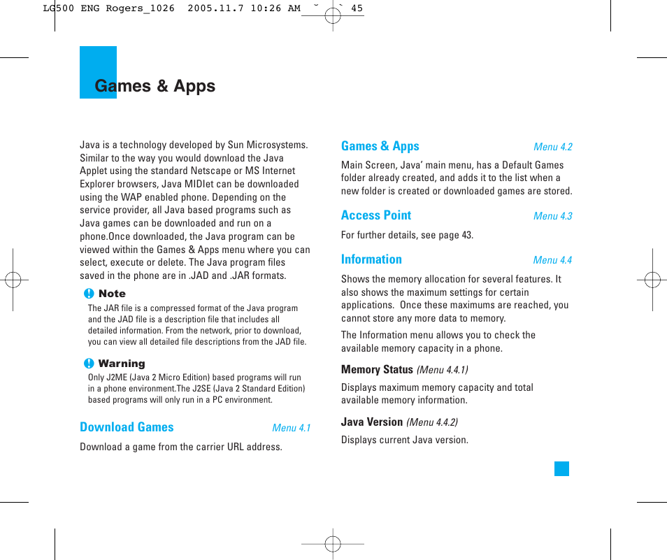 Games & apps | LG 500 User Manual | Page 45 / 85